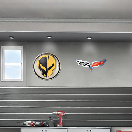 C6 Corvette Emblem Flags Stainless Steel Sign shown hanging on the wall of a garage