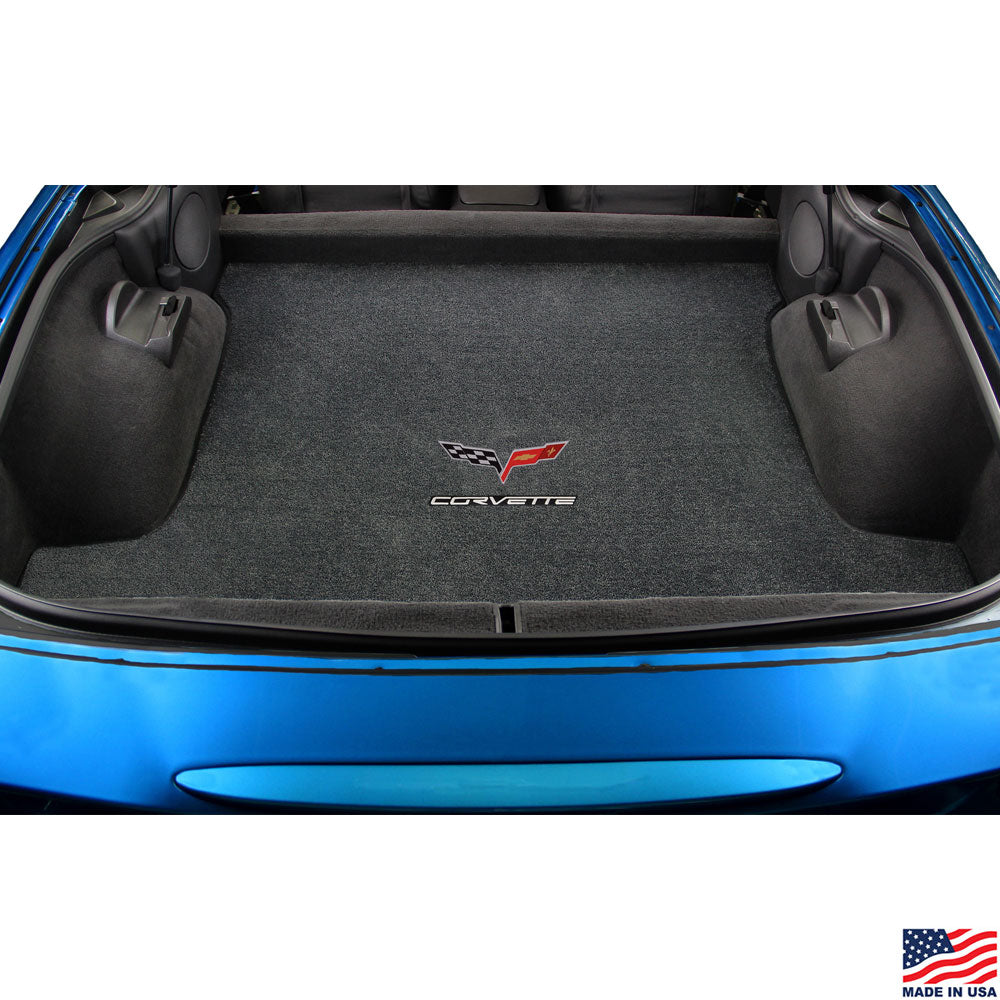 Image of the C6 Corvette Emblem and Script Cargo Mat shown installed in a Corvette