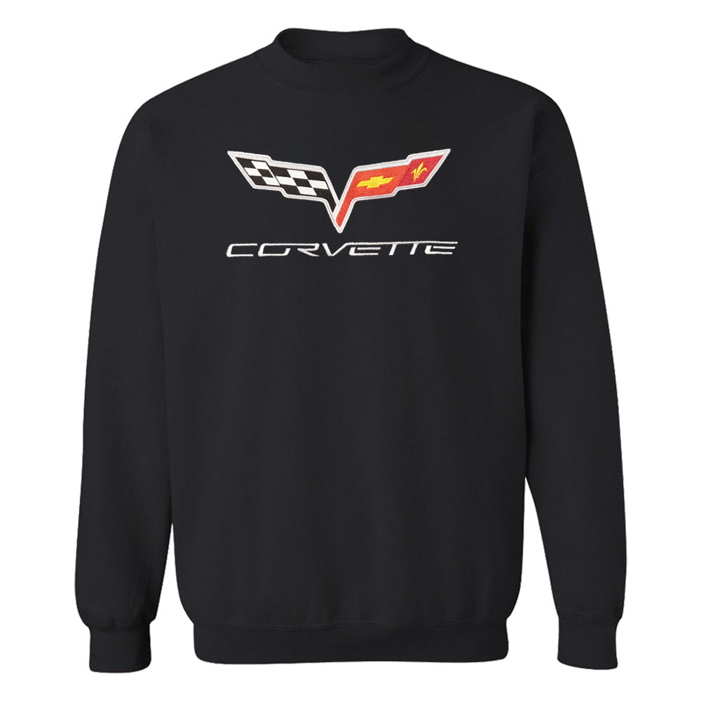 Black sweatshirt with a C6 Corvette logo embroidered on the full chest shown on a white background