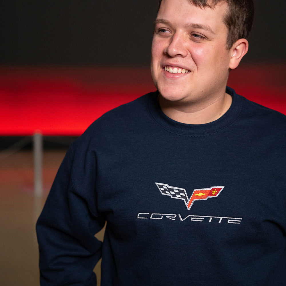Man wearing the C6 Corvette Embroidered Navy Sweatshirt