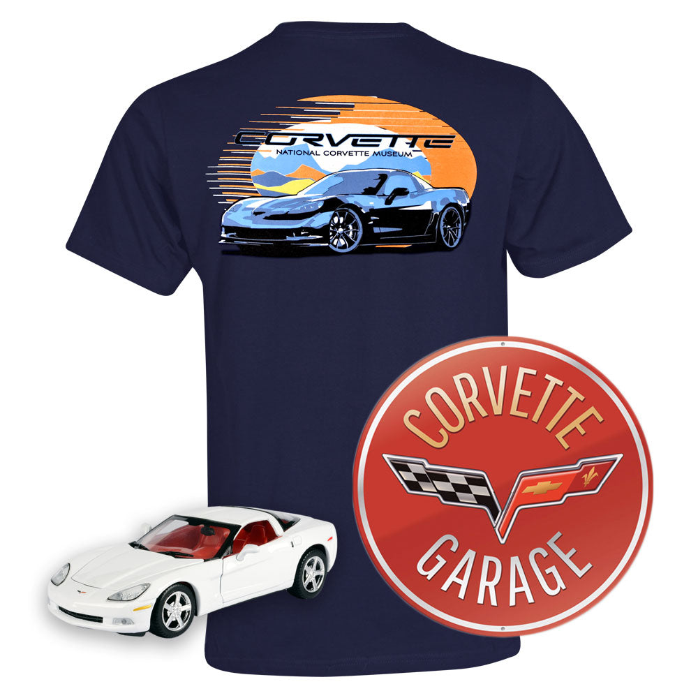 C6 Corvette Gift Bundle includes a Navy Corvette tee a red C6 tin sign and a white Corvette diecast model