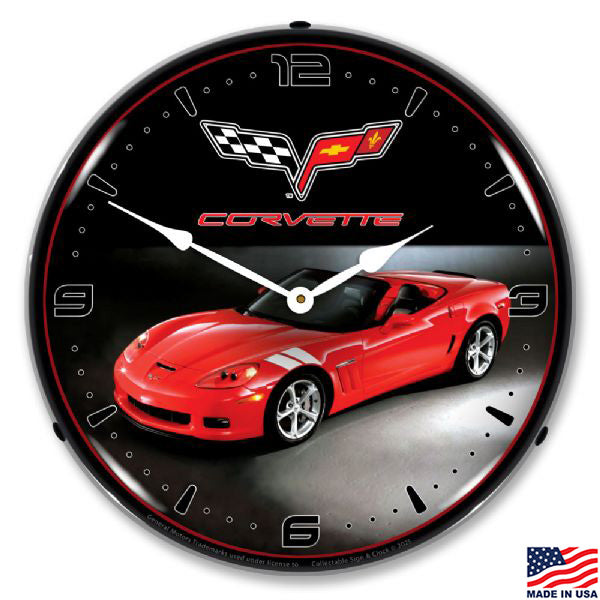 Wall clock featuring a C6 Red Grand Sport Corvette on a black background