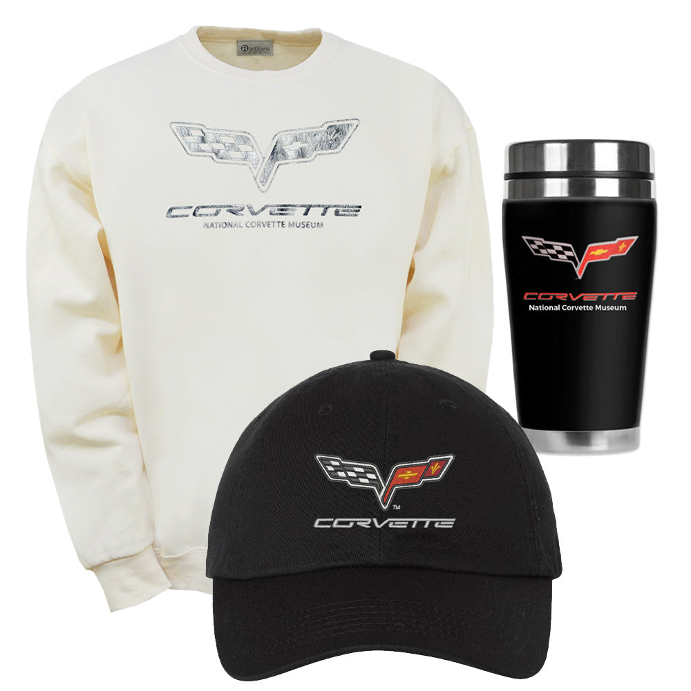 C6 Corvette Ladies Sweatshirt Bundle featuring an ivory sweatshirt, a black cap and a black travel mug all with the C6 Corvette emblem