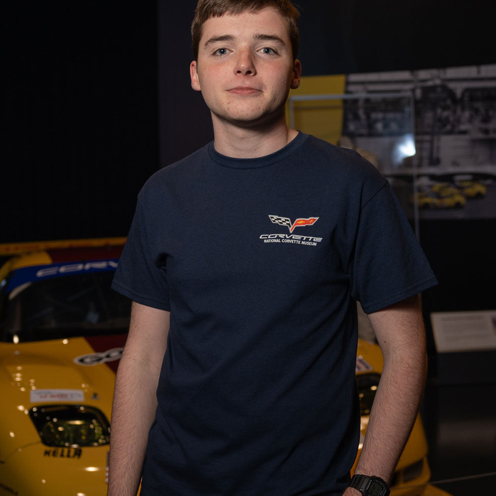 Man wearing the C6 Corvette Retro Navy T-shirt showing the front view