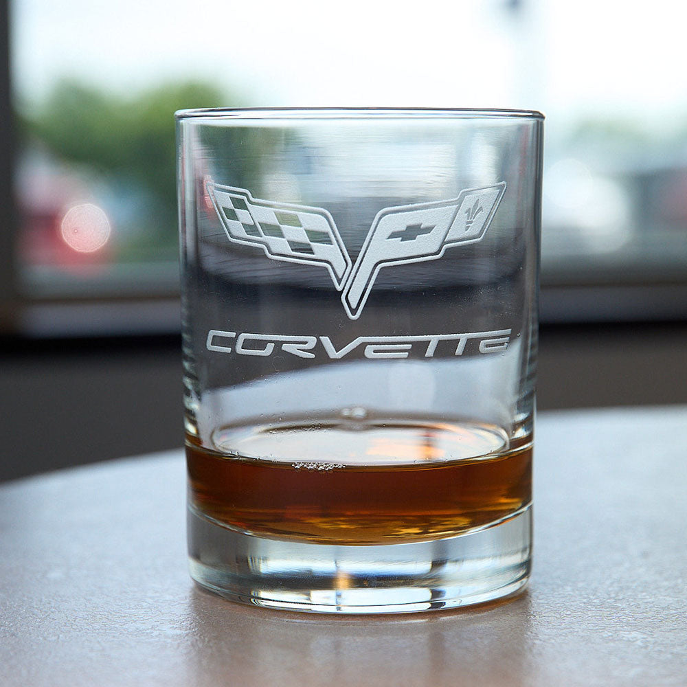 C6 Corvette Short Beverage Glass sitting on a table