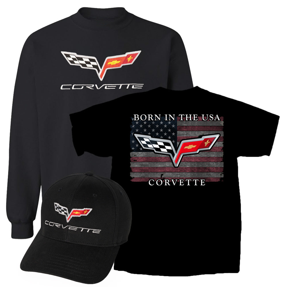 C6 Corvette Sweatshirt Bundle showing a black Sweatshirt with an embroider C6 Corvette logo, a black C6 t-shirt and a black cap with an embroidered C6 emblem.