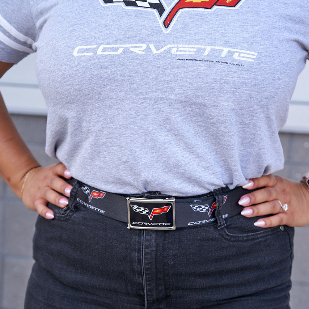person wearing C6 Corvette Web Belt with Emblems