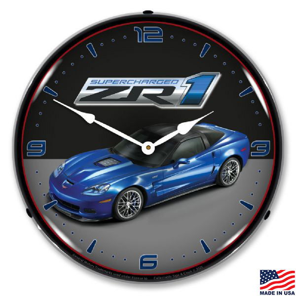 Corvette wall clock that features a blue Supercharged ZR1 Corvette on a black and gray background