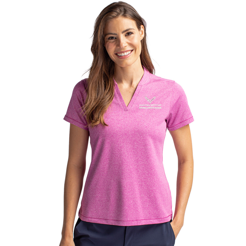 Woman wearing the C7 Corvette Custom Ladies No Collar V-Neck Heather Raspberry Polo