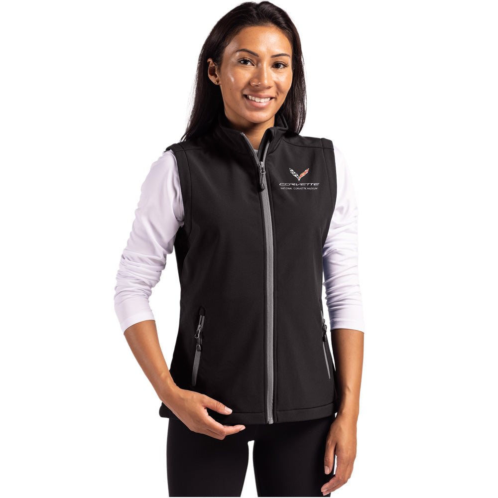 Woman wearing the C7 Corvette Custom Tempo Stretch Full-Zip Ladies Vest in Black