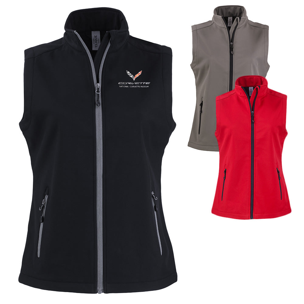 The C7 Corvette Custom Tempo Stretch Full Zip Ladies Vest shown in three colors