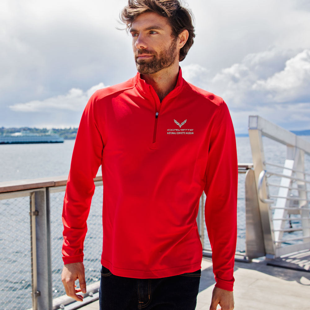 Man wearing the red C7 Corvette Custom Virtue Eco Mens Quarter Zipper Pullover