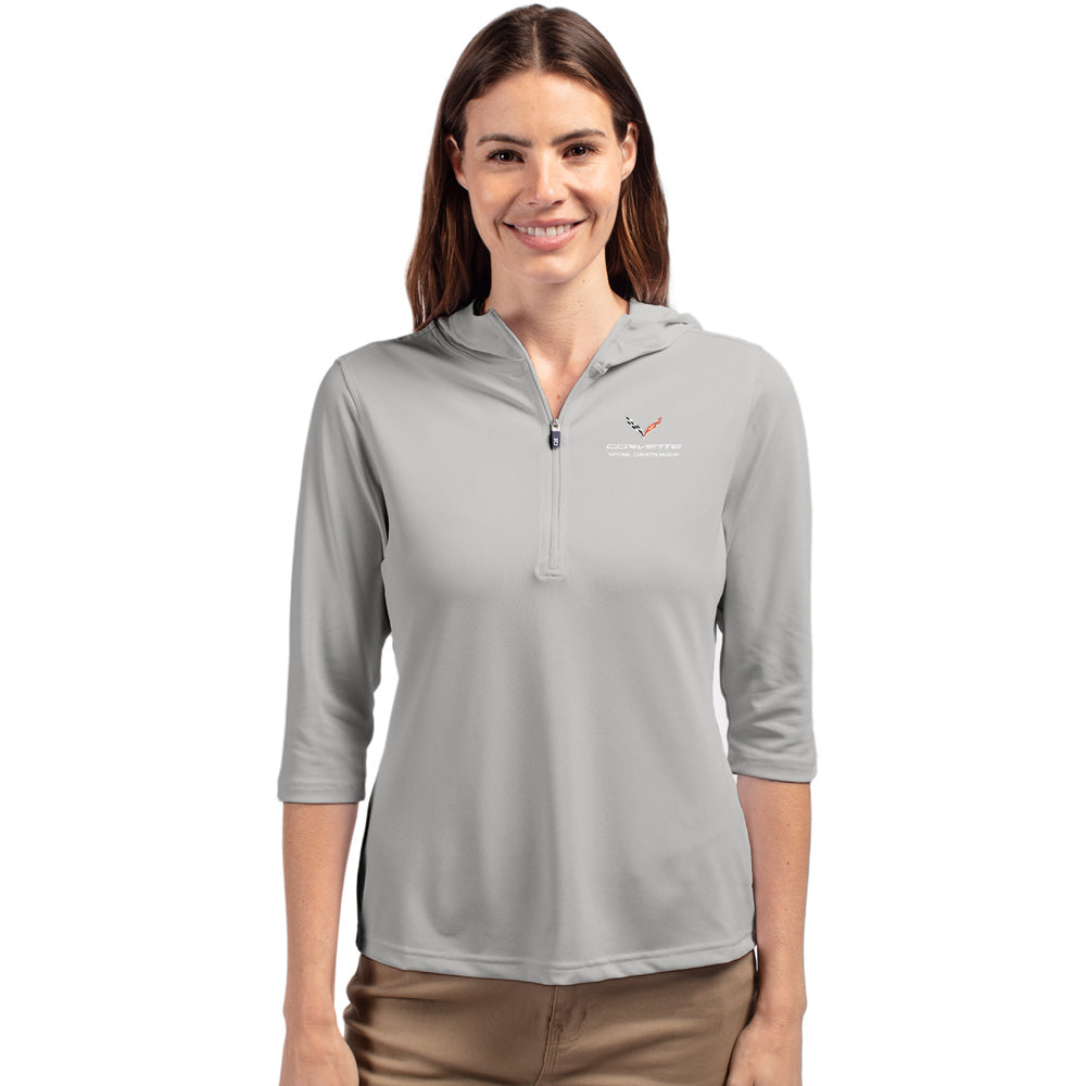 Woman wearing the C7 Corvette Custom Virtue Ladies Gray Quarter Zip