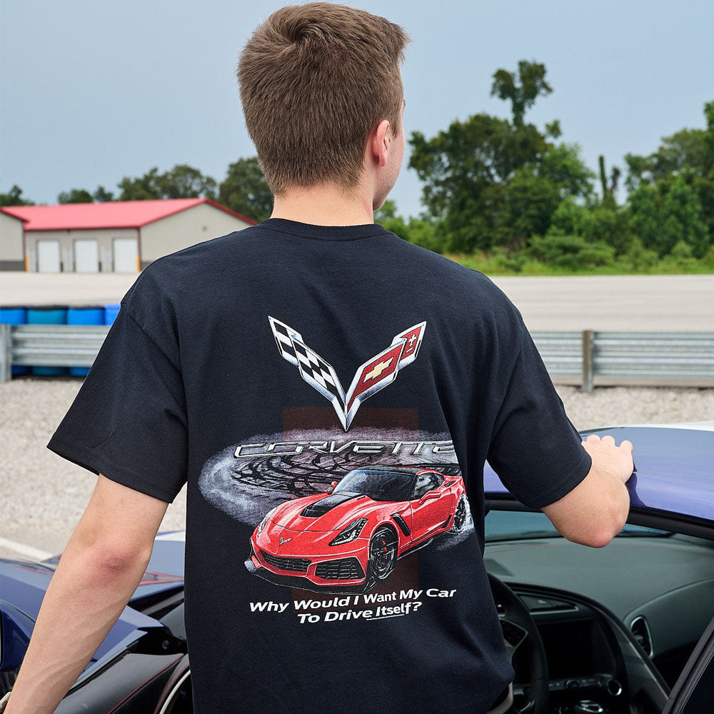 person wearing C7 Corvette Drive Itself T-shirt