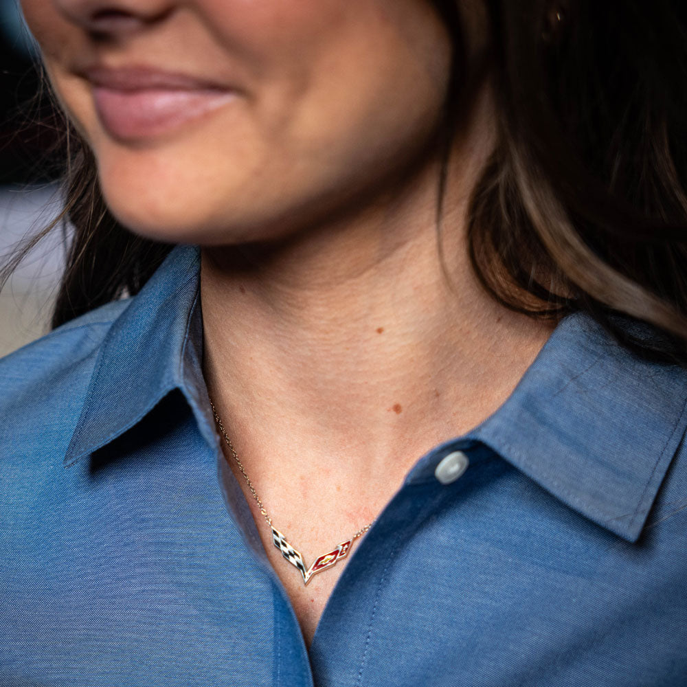Photo of a lady wearing the C7 Corvette Emblem Necklace