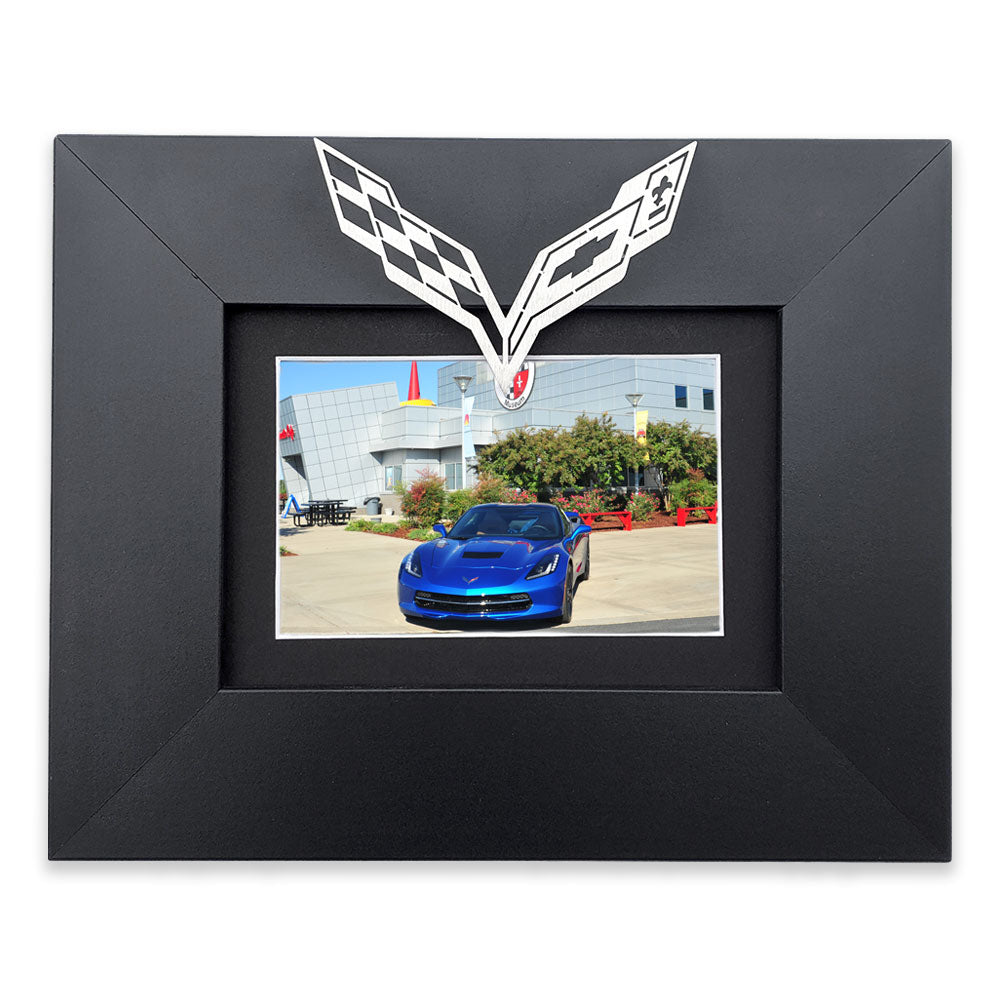 C7 Corvette Emblem Picture Frame shown with a blue C7 Corvette photo in the frame