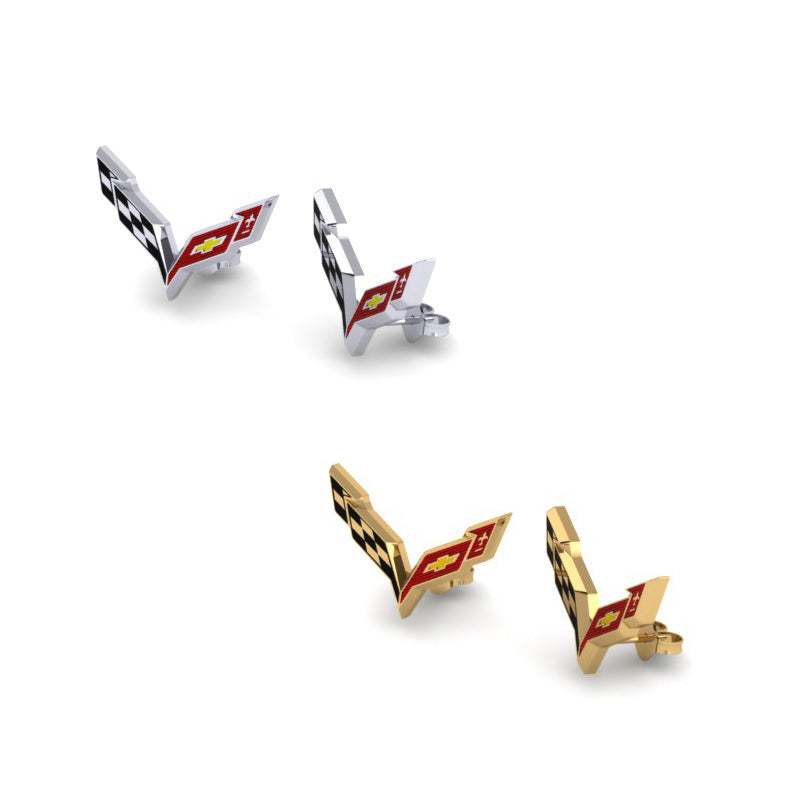 Image showing the C7 Corvette Emblem Post Earrings in both silver and gold