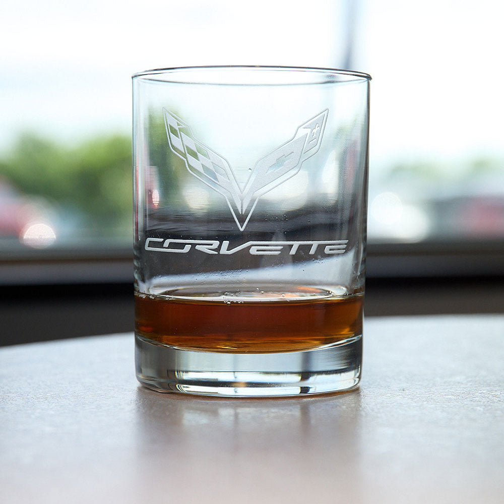 C7 Corvette Emblem Short Beverage Glass sitting on a table