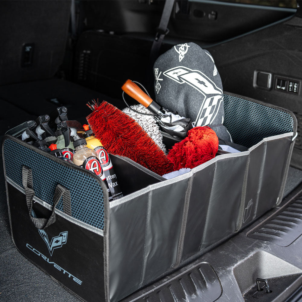 C7 Corvette Emblem Trunk Caddy being used to store items in a trunk