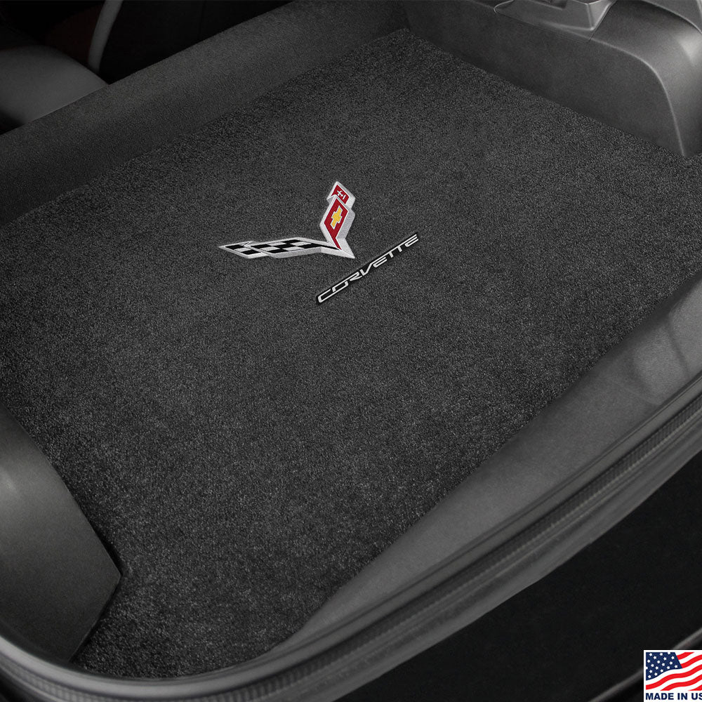 C7 Corvette Emblem and Script Cargo Mat shown installed in the Cargo Area of a C7 Corvette