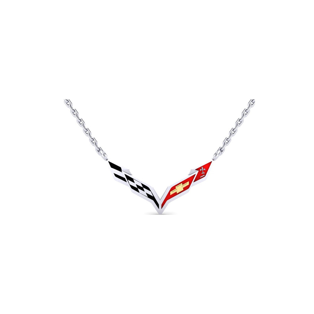 C7 Corvette Full Color Emblem Sterling Silver With Rhodium Plate Necklace shown on a white background