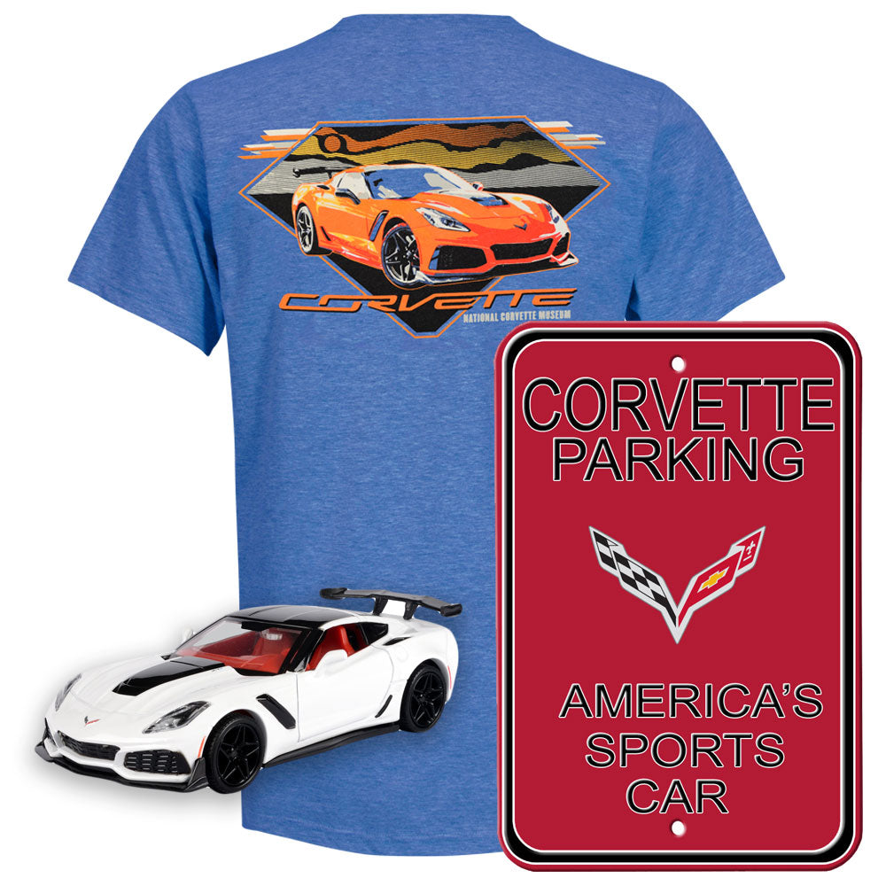 C7 Corvette Gift Bundle with a blue C7 Corvette tee a red C7 Corvette parking sign and a white C7 diecast model