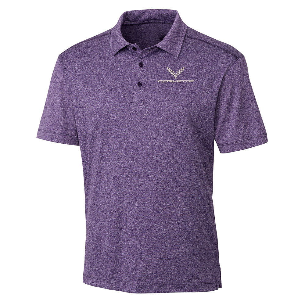 Heather purple polo shirt with a C7 Corvette logo on a white background
