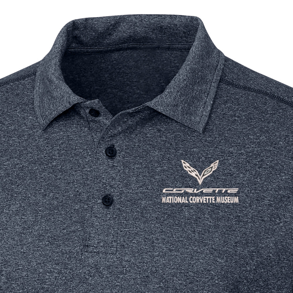 C7 Corvette Mens Charge Heather Navy Polo Emblem Close Up