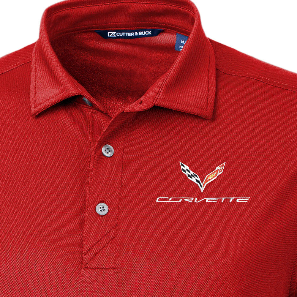 C7 Corvette Mens Red Virtue Polo Emblem Close Up