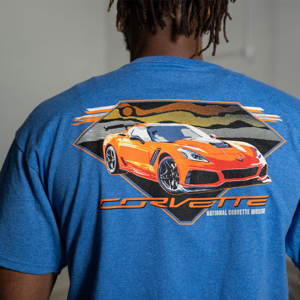 Man wearing the C7 Corvette Retro Royal Blue T-shirt showing the design on the back