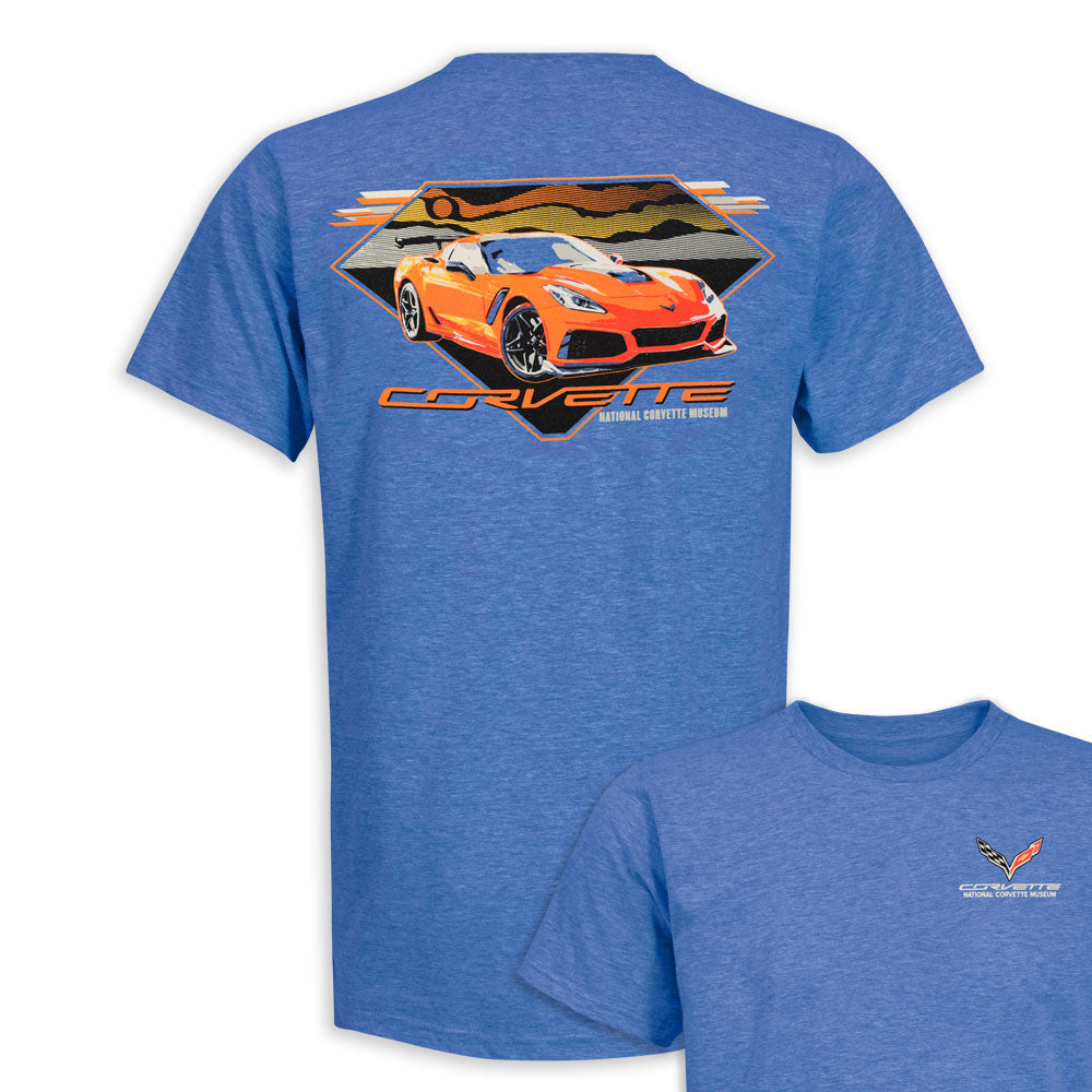 C7 Corvette Retro Royal Blue T-shirt features an orange C7 Corvette on the back