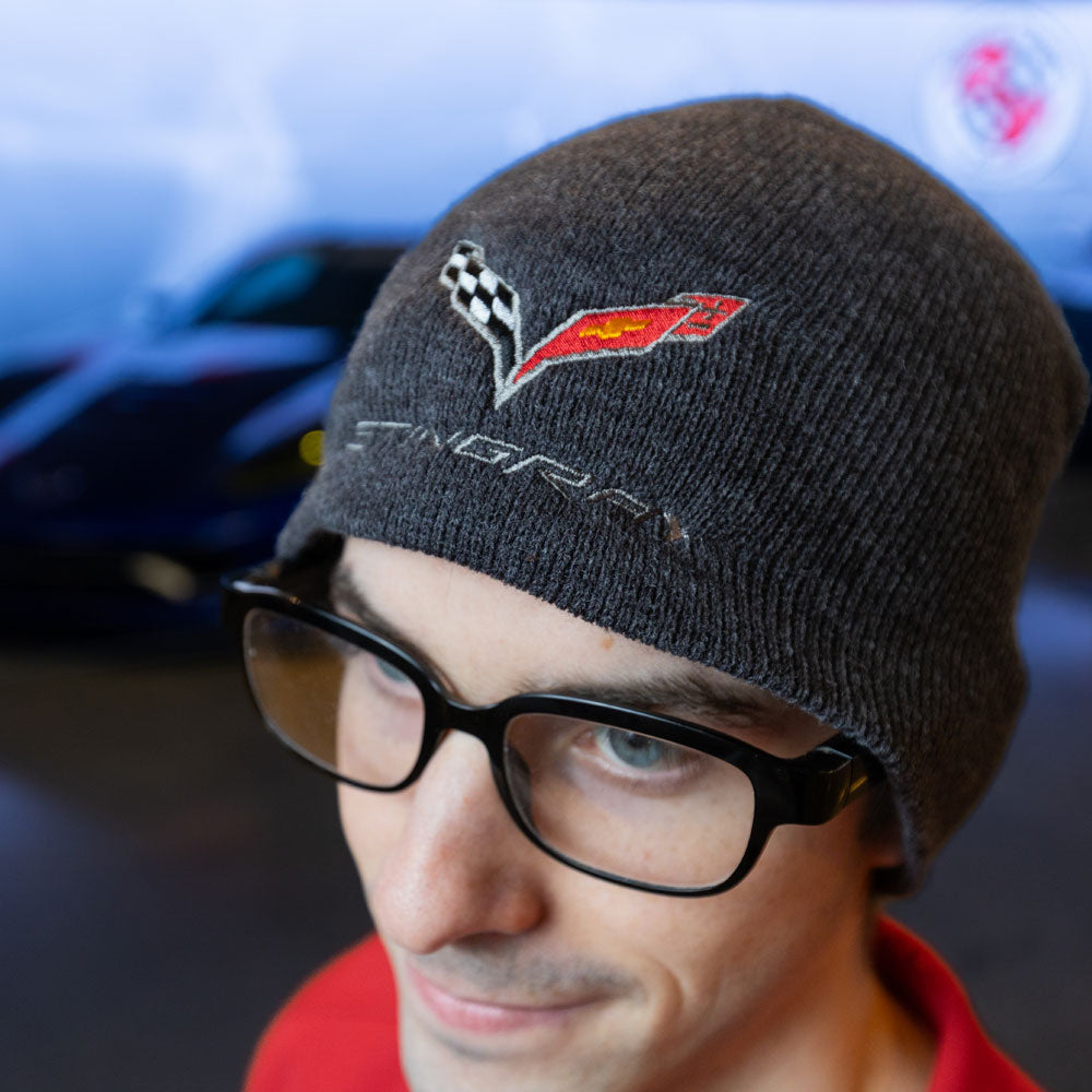 Man wearing the Charcoal Gray C7 Corvette beanie