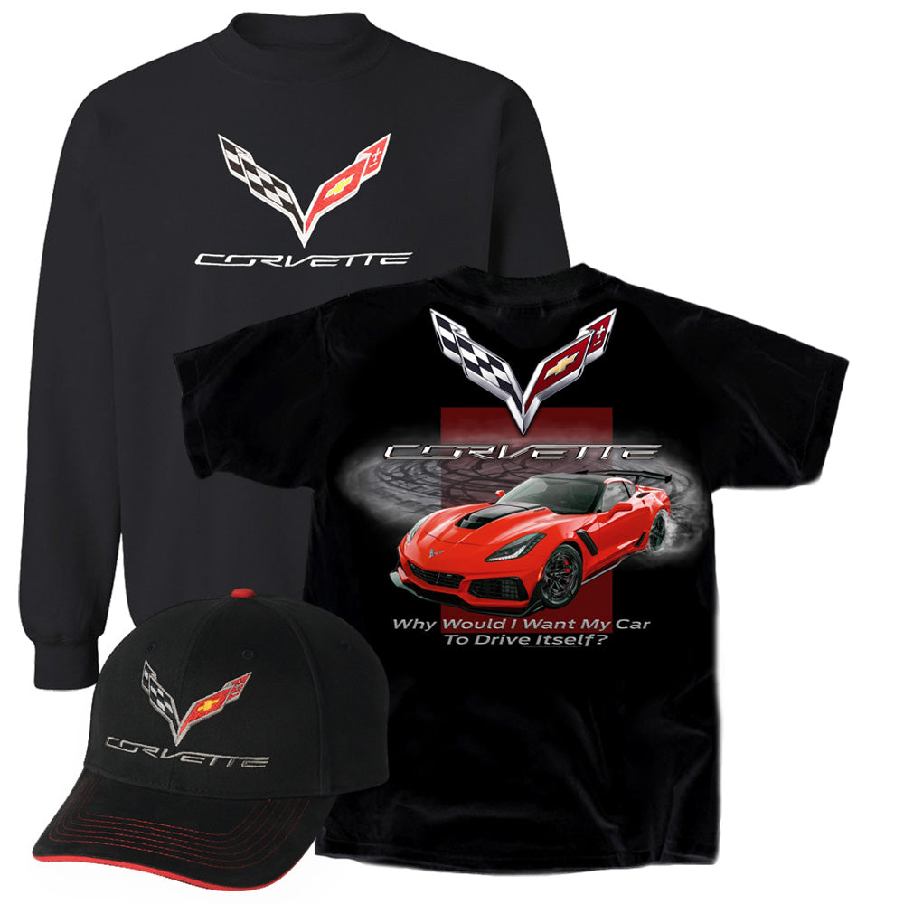 C7 Corvette Sweatshirt Bundle showing a black sweatshirt with an embroidered C7 emblem, a black t-shirt with a red C7 Corvette design on the back and a black cap with an embroidered C7 emblem.
