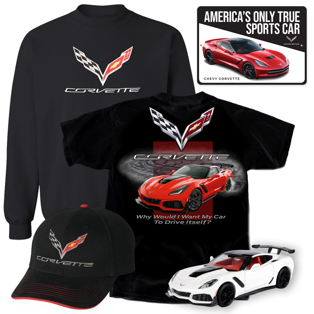 Bundle showing a black C7 sweatshirt, a black t-shirt with a red C7 Corvette design on the back, a black cap embroidered with a C7 emblem, a white C7 diecast and a square tin sign with a red C7 Corvette on it.