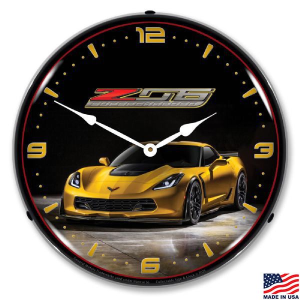 Wall clock featuring an image of a yellow C7 Corvette Z06