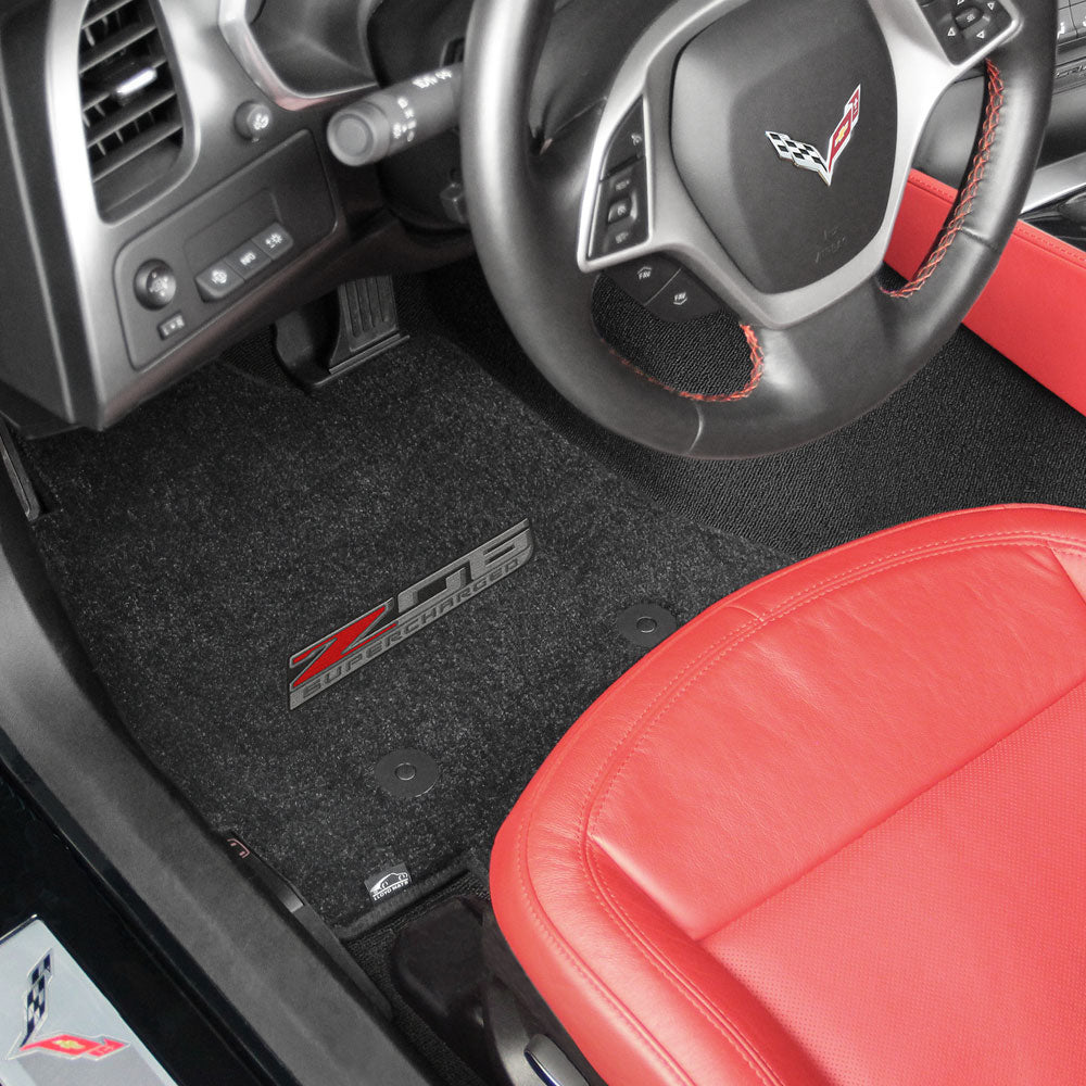 C7 Z06 Supercharged Corvette Emblem Floor Mats shown in a Corvette