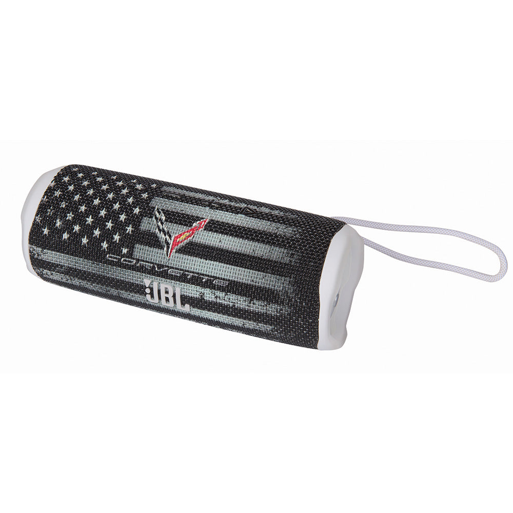 Portable speaker with American flag and C8 Corvette design and JBL branding on a white background