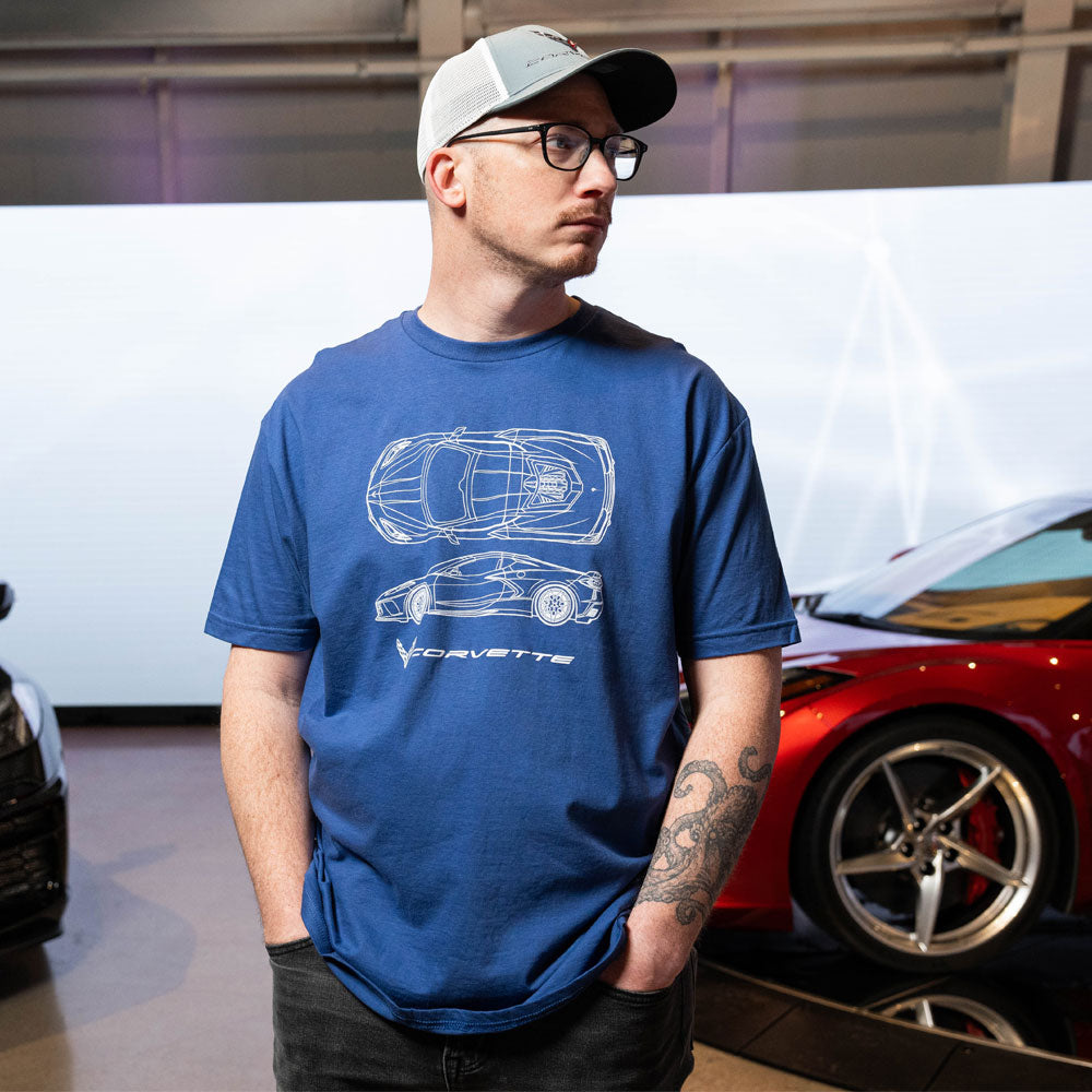 Man wearing the C8 Corvette Blueprint Royal Blue T-shirt 