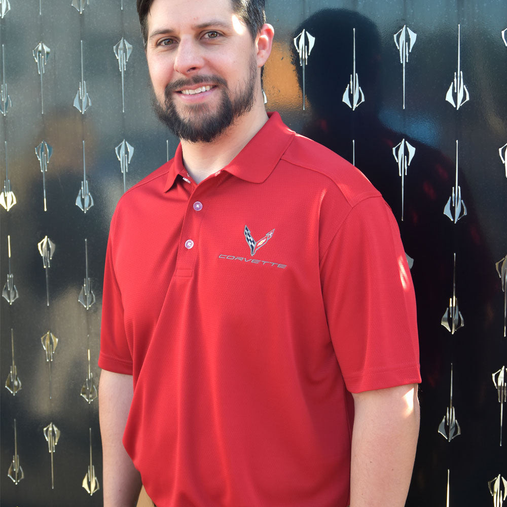Man wearing the C8 Corvette Callaway Dry Core Red Polo