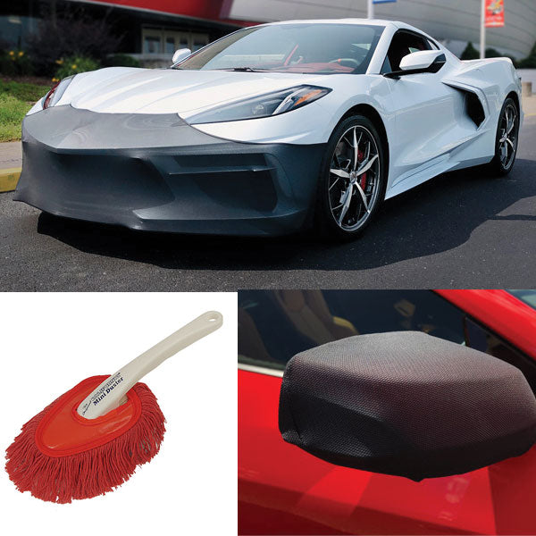 C8 Corvette Car Accessories Bundle shows a C8 Novistretch front nose mask a C8 Novistretch mirror covers and a dash duster