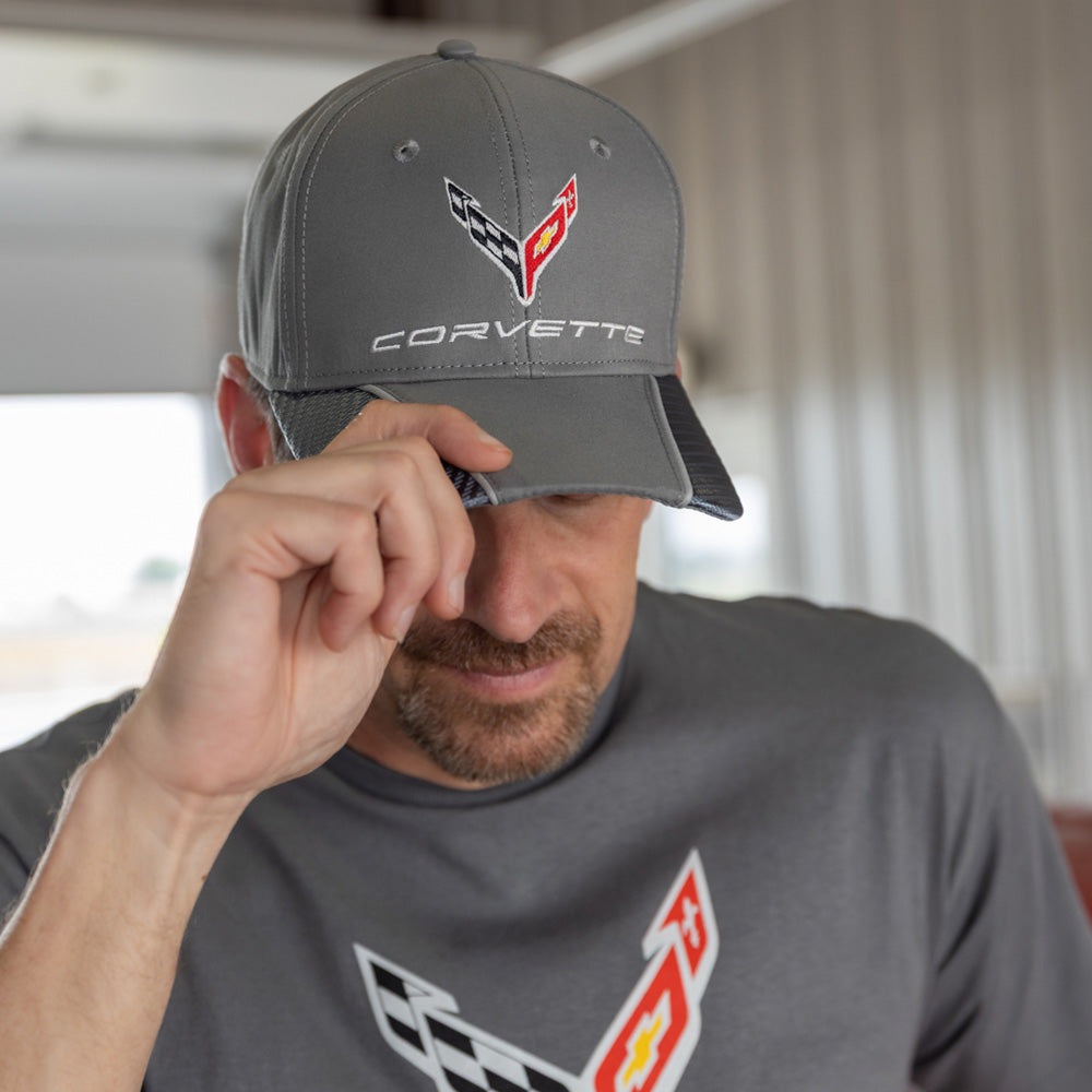 Man wearing the C8 Corvette Carbon Fiber Contrast Gray Cap 