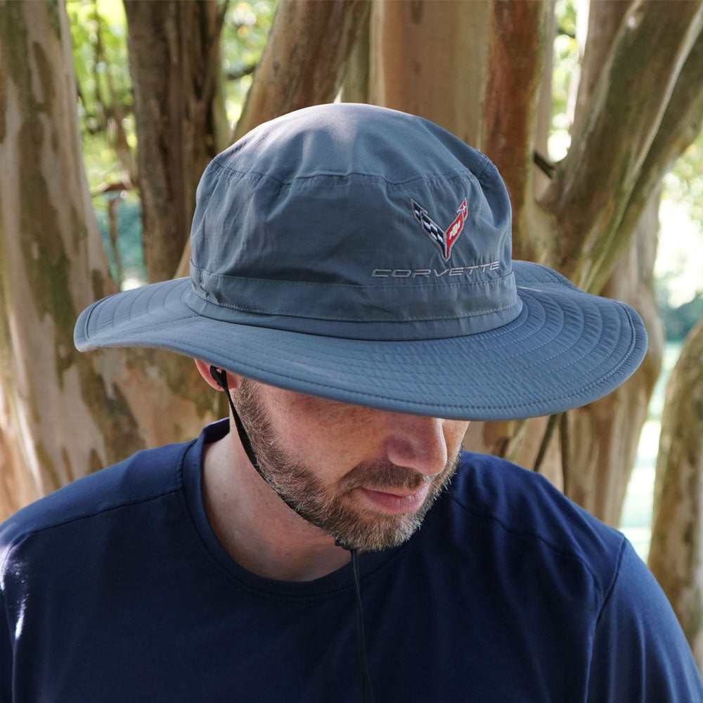 Man wearing the C8 Corvette Charcoal Bucket Hat