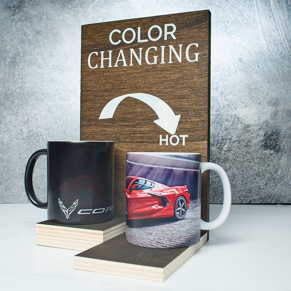 C8 Corvette Color Change Black Mug sitting on a table