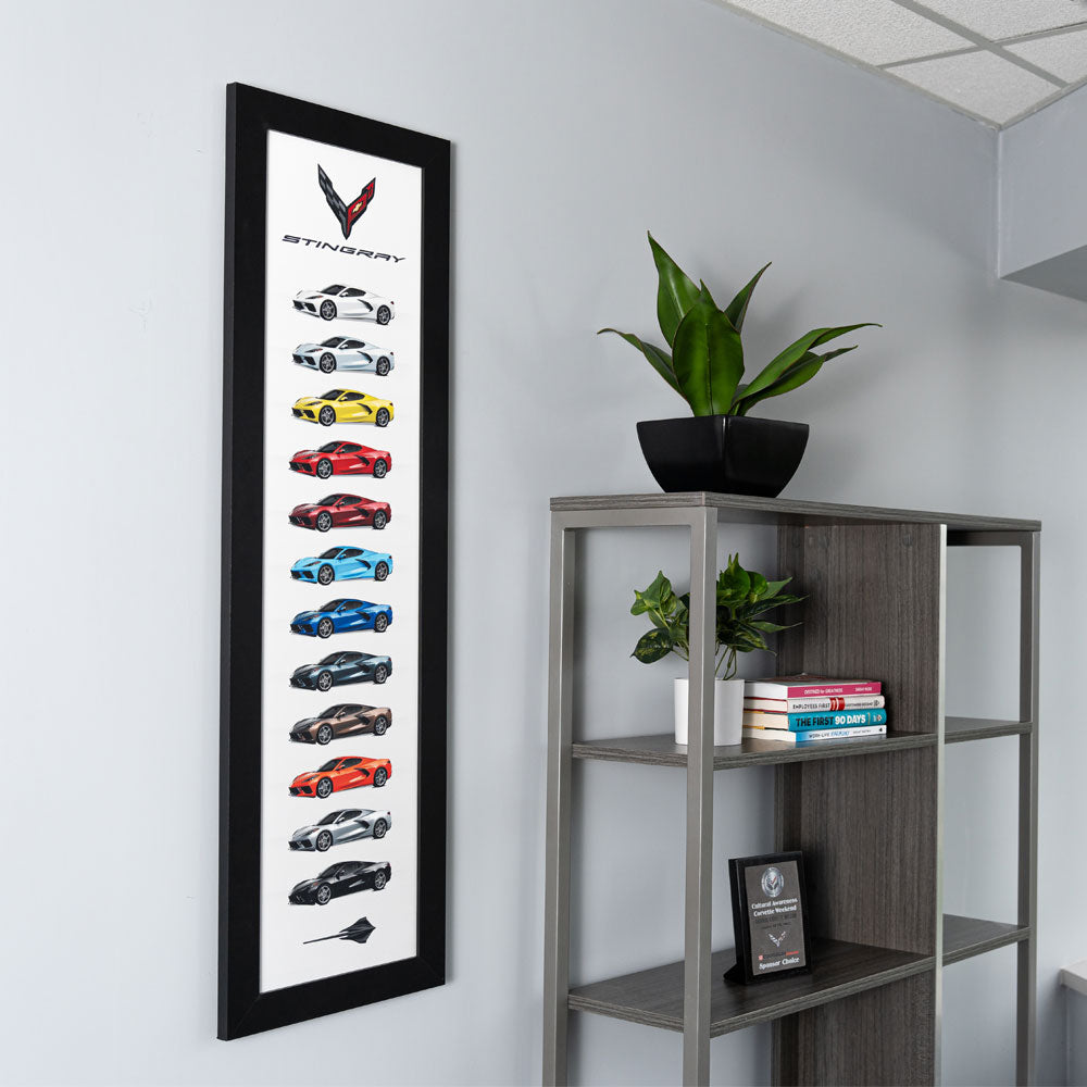 C8 Corvette Colors Printed Canvas shown hanging on the wall of an office