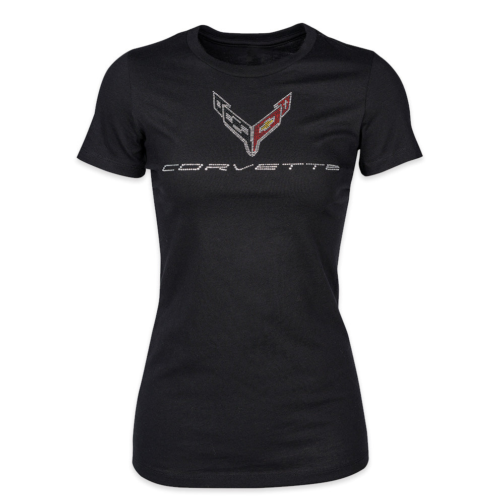 C8 Corvette Crystal Emblem Ladies Black Short Sleeve Top