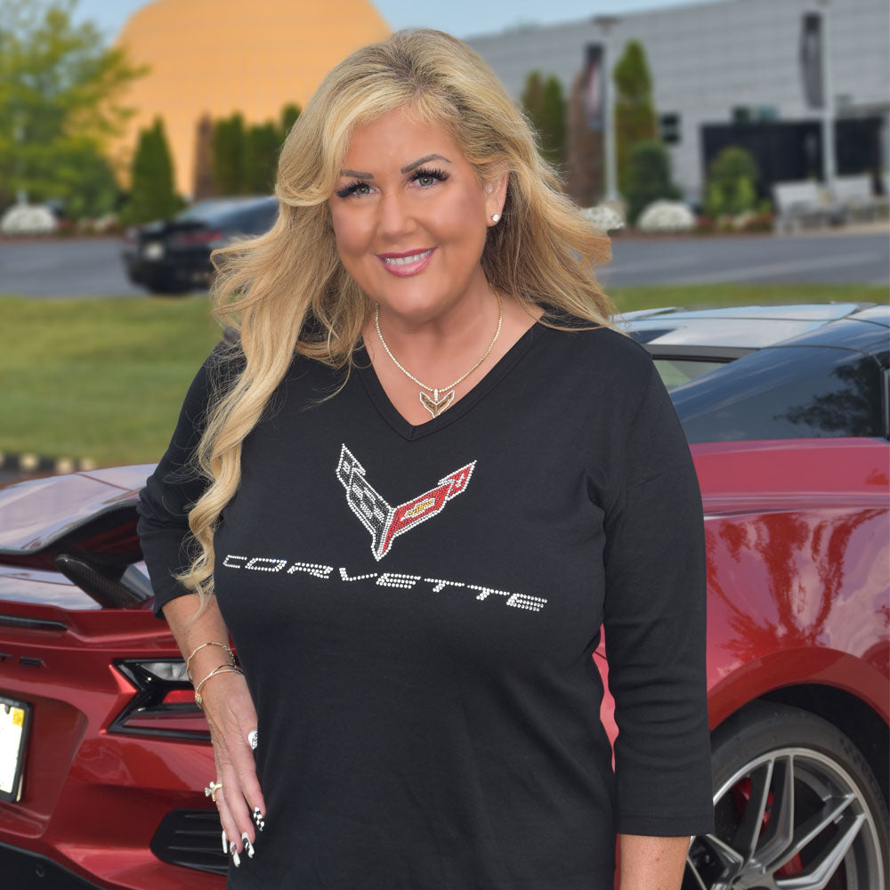 Woman wearing the C8 Corvette Crystal Emblem Ladies Black Top