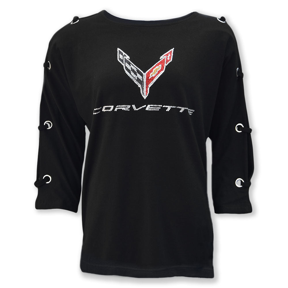 C8 Corvette Crystal Ladies' Grommet Sleeve Black Top