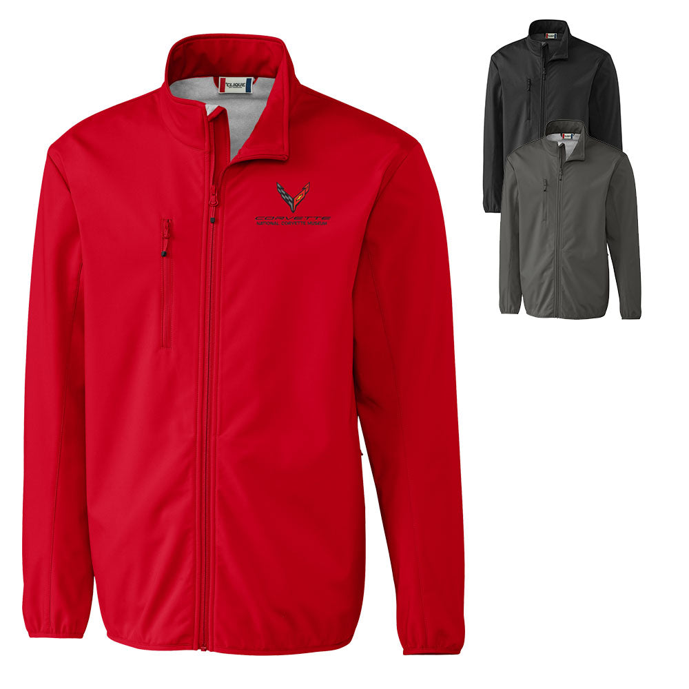 The C8 Corvette Custom Trail Eco Stretch Softshell Men's Jacket shown in three colors on a white background