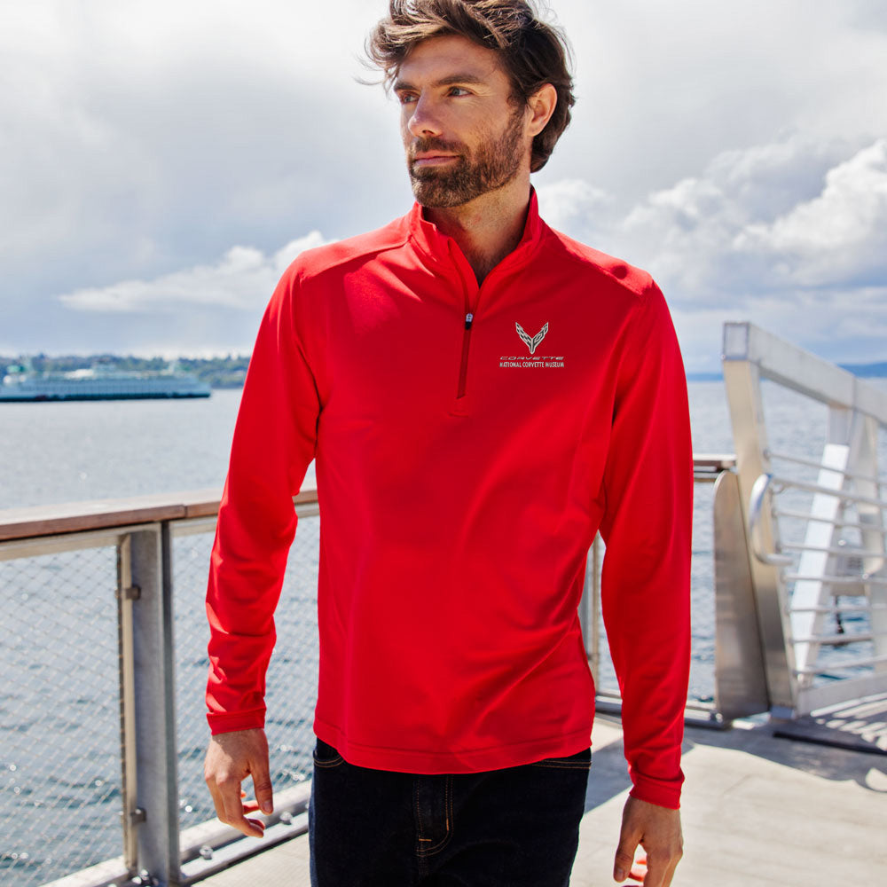 Man wearing the C8 Corvette Custom Virtue Eco Red Quarter Zip