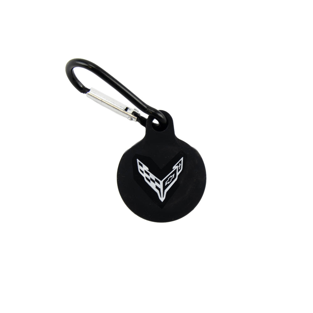 C8 Corvette Emblem Black Silicone AirTag Case shown on a white background